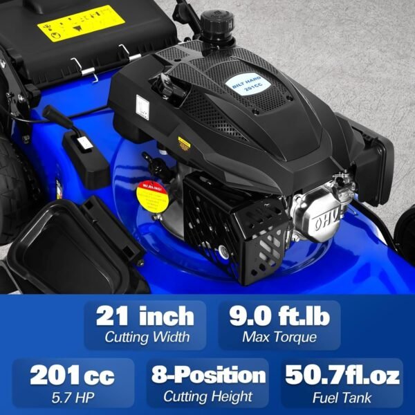 BILT HARD 21" Self Propelled Gas Lawn Mower – 201cc 4-Cycle OHV, 3-in-1 Bagging/Mulching/Side Discharge, 8 Adjustable Cutting Heights & Smooth Easy Start