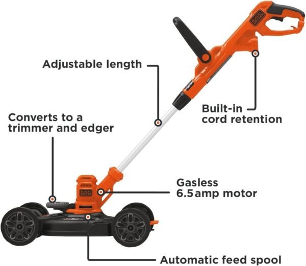 BLACK+DECKER Electric Lawn Mower, Weed Eater and Edger 3-in-1 Combo, Corded 12-Inch 6.5 Amp Electric Weed Wacker and Compact Push Mower (BESTA512CM)