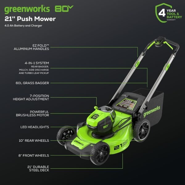 Greenworks 80V 21in Push Lawn Mower, 4.0 Ah Battery and Charger